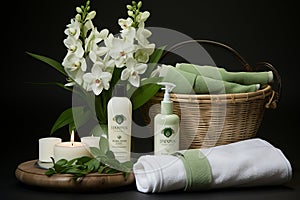 Natural beauty. Organic facial toners against a backdrop of blooming flowers. Product Photography