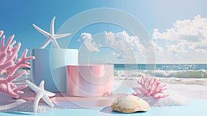 The natural beauty podium backdrop for cosmetic product displays. Abstract 3D scene composition background. Seascape