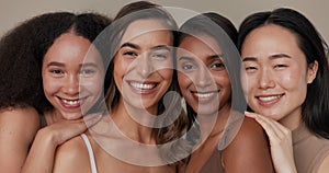 Natural beauty, skincare and diversity with women, dermatology and face isolated on studio background. Wellness, unique