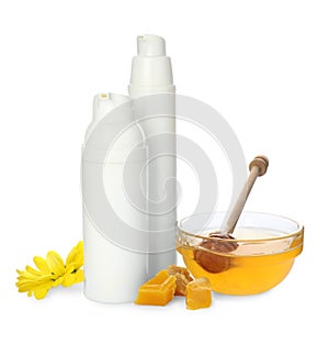 Natural beeswax, different cosmetic products and honey on white background