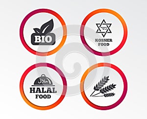 Natural Bio food icons. Halal and Kosher signs.