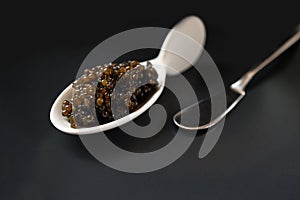 Natural black caviar in a white porcelain spoon on a dark background. Product segment. Place for the inscription