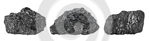 Natural black hard coal isolated on white background. Diamond coal. Set of images