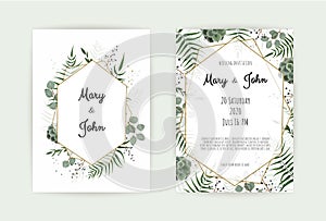 Natural botanical wedding invitation template. Vector floral design card. Geometrical golden frame, border with copy