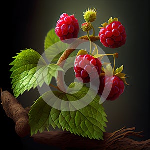 Natural branch of fresh ripe red raspberries ready to collect - Generated Artificial Intelligence - AI photo