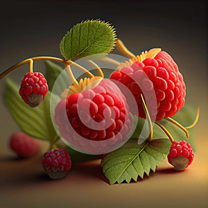 Natural branch of fresh ripe red raspberries ready to collect - Generated Artificial Intelligence - AI photo