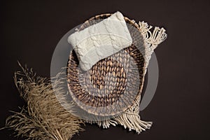 Natural brown and biege newborn background - rattan backet with macrame rug, knitted pillow. DIgital modern newborn background