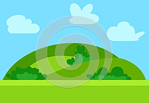 Natural cartoon landscape in the flat style with green hills, blue sky