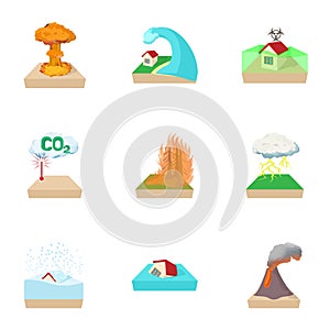 Natural cataclysm icons set, cartoon style