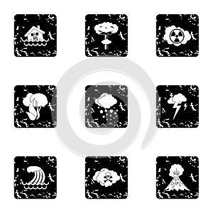 Natural cataclysm icons set, grunge style