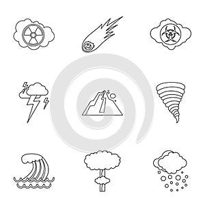 Natural cataclysm icons set, outline style