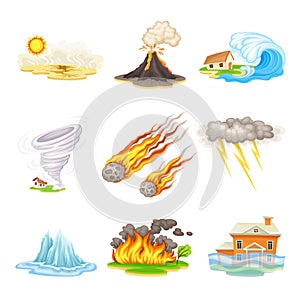 Natural Cataclysms with Drought and Volcanic Eruption Vector Illustrations Set