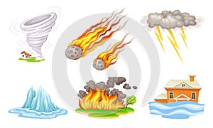 Natural Cataclysms with Fire Accident and Tornado Vector Illustrations Set