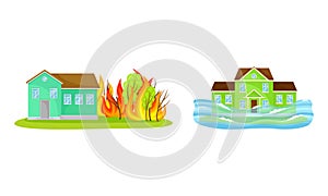 Natural Cataclysms with Flood and Wildfire Vector Set