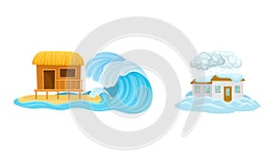 Natural Cataclysms with Snowstorm or Blizzard and Tsunami Wave Vector Set