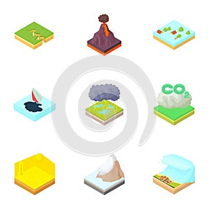 Natural catastrophe icons set, cartoon style