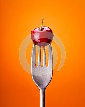 Natural cherry on a fork a bright orange background