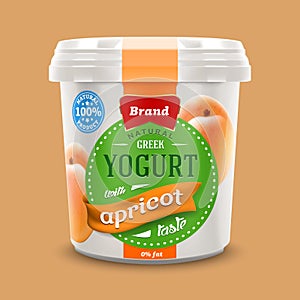 Natural classic Greek nonfat yogurt jar with apricot pieces , commercial vector advertising mock-up