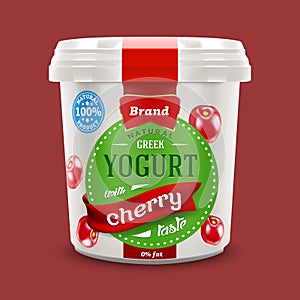 Natural classic Greek nonfat yogurt jar with cherry pieces , commercial vector advertising mock-up