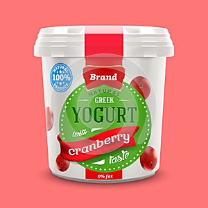 Natural classic Greek nonfat yogurt jar with cranberry pieces , commercial vector advertising mock-up