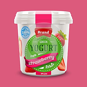 Natural classic Greek nonfat yogurt jar with strawberry pieces , commercial vector advertising mock-up