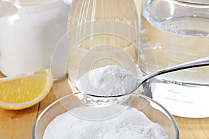 Natural cleaners. Vinegar, baking soda, salt and lemon.