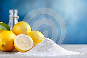 Natural cleaning products soda powder and lemon on blue background