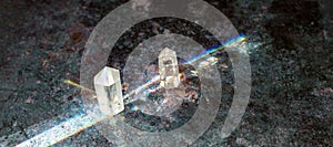 Natural clear crystal quartz electroplating rainbow on magic background. Meditation, reiki and spiritual healing concept