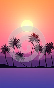 Natural Coconut trees. Mountains horizon hills. Silhouettes of palm trees and hills. Sunrise and sunset. Landscape wallpaper.