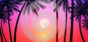 Natural Coconut trees. Mountains horizon hills. Silhouettes of palm trees and hills. Sunrise and sunset. Landscape wallpaper.