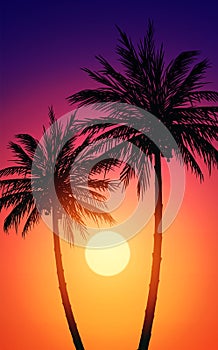 Natural Coconut trees. Mountains horizon hills. Silhouettes of palm trees and hills. Sunrise and sunset. Landscape wallpaper.