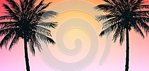 Natural Coconut trees. Mountains horizon hills. Silhouettes of palm trees and hills. Sunrise and sunset. Landscape wallpaper.