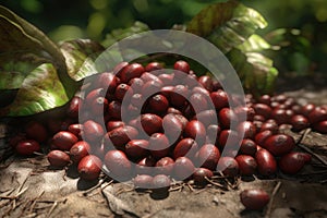Natural coffee beans in the shell lie on plantations. generative ai