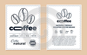 Natural coffee packaging label design template set. Graphic modern tag or sticker for brand, logo, packing. Vector