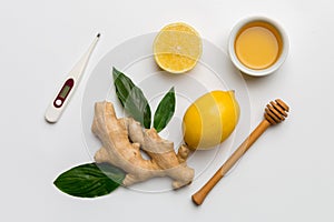 Natural cold and flu home remedies and thermometer. Natural ingredients for immunity stimulation and viruses protection