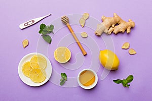 Natural cold and flu home remedies and thermometer. Natural ingredients for immunity stimulation and viruses protection