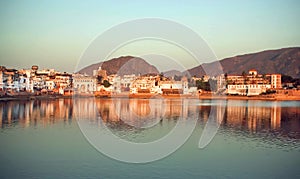 Natural color blue over indian Pushkar, holy lake, hills. Cityscape at evenng time with beautiful scene in India