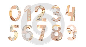 Natural Color set of numbers. Imitation of the applique. Boho style. Design cartoon set with different numbers