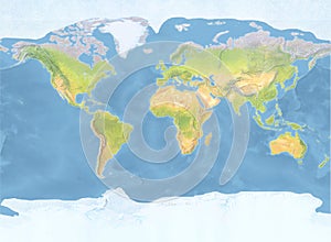 Natural colored topographic world map with hand drawn shaded relief