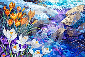 Natural colorful close up oil painted landscape. Seasonal march springtime scene whit crocuses, snowdrops, flow stream. Print photo