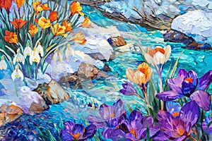 Natural colorful close up oil painted landscape. Seasonal march springtime scene whit crocuses, snowdrops, flow stream. Print photo