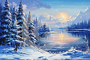 Natural colorful panoramic oil painted landscape. Seasonal december wintertime scene with freeze pond, snow woods, sun. Print photo