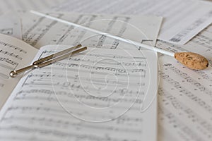 A natural conductors baton on orchestral score photo