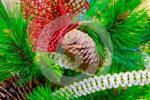 Natural cone decorates an artificial Christmas tree close