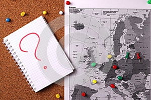 Natural cork board texture and europe map. minimalism style