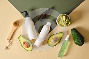natural cosmetic with avicado oil concept top view photo