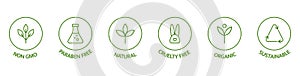 Natural cosmetic icons. Beauty badges. Cruelty free, vegan, bio, paraben free, labels. Skincare logo. GMO free emblems