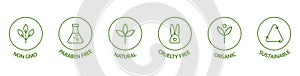 Natural cosmetic icons. Beauty badges. Cruelty free, vegan, bio, paraben free, labels. Skincare logo. GMO free emblems photo