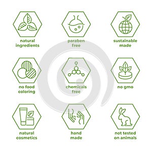 Natural cosmetic line badge. Bio and eco marking on packaging, labels with information about ingredients and testing