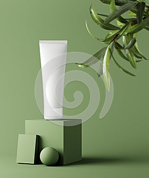 Natural cosmetic minimal stage for product presentation. Cosmetic jar podium and green leaf on monochrome background. 3d